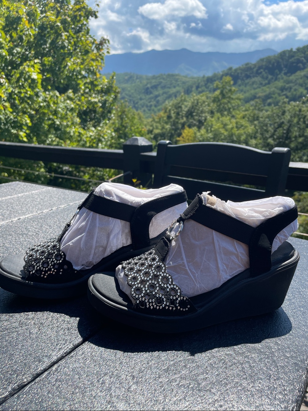Skechers Black Rhinestone-Trim Platform Wedge Sandals